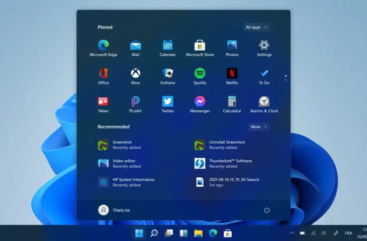 Menu Démarrer Windows 11 sombre