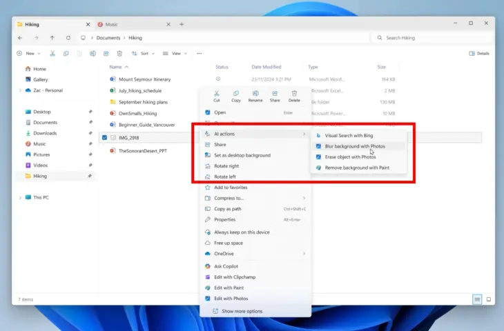 Actions IA Explorateur Windows