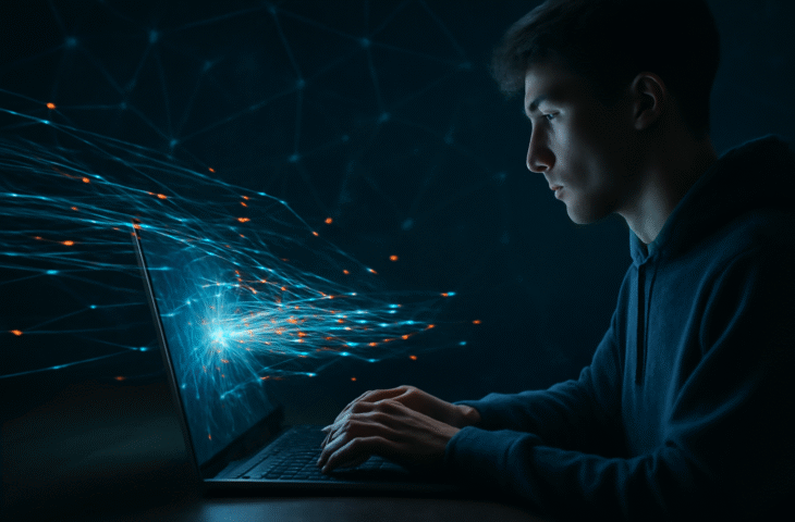 Een persoon die achter een laptop of smartphone zit, met een lichtreflectie van data- of netwerkverbindingen op het scherm.