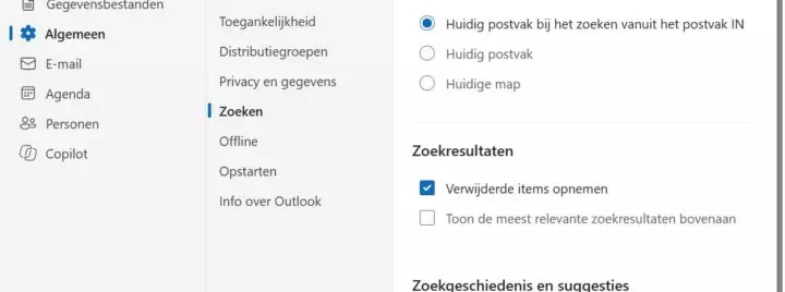 paramètres de recherche d'Outlook